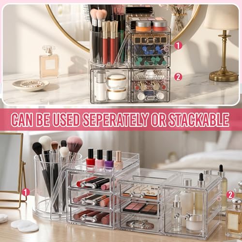 ShineMe Make Up Organizers for Vanity, 2 Tier Acrylic Stackable Cosmetic Organizer with Rotating Makeup Brush Holder & 7 Drawers, Clear Hair Accessory Organizer Countertop for Dresser, Bathroom - size: 2tire, 7 drawers