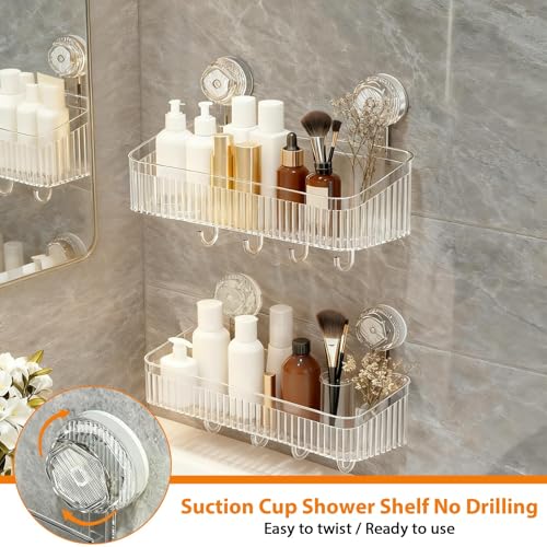 3 Pack Suction Cup Shower Caddy Not Suitable for Wet Wall | Clear Shower Shelves No Drillingwith Movable Hooks & Toothbrush Holder, Wall Storage Shelves for Bathroom, Kitchen