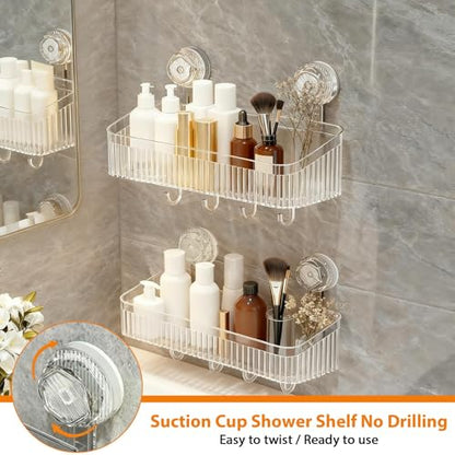 3 Pack Suction Cup Shower Caddy Not Suitable for Wet Wall | Clear Shower Shelves No Drillingwith Movable Hooks & Toothbrush Holder, Wall Storage Shelves for Bathroom, Kitchen