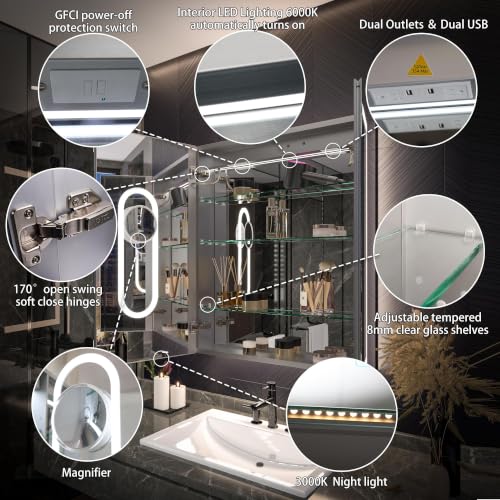 Luxury 30" Wall-Mounted LED Bathroom Medicine Cabinet, Outlets, Anti-Fog | Surface-Mount/Recessed, Double-Sided Mirror Cabinet, 3 Color Temp, DTC Silent-Close Hinges, Adjustable Tempered Glass Shelfs - size: 30"W x 36"H