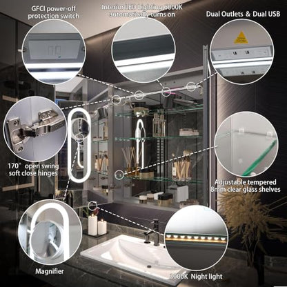 Luxury 30" Wall-Mounted LED Bathroom Medicine Cabinet, Outlets, Anti-Fog | Surface-Mount/Recessed, Double-Sided Mirror Cabinet, 3 Color Temp, DTC Silent-Close Hinges, Adjustable Tempered Glass Shelfs - size: 30"W x 36"H