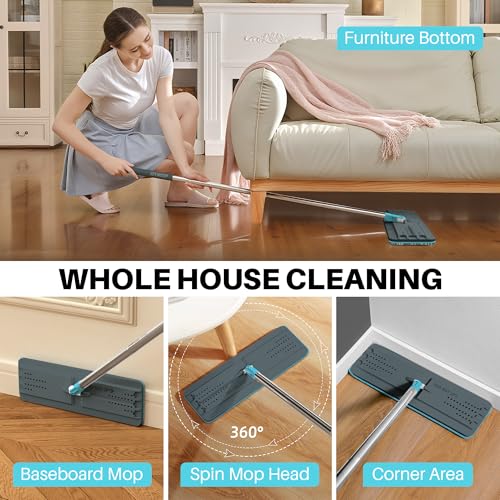 JOYMOOP Flat Mop, Microfiber Floor Cleaner with 60" Long Handle and Flexible 13" Head, Grey & Cyan Blue - color: Grey & Cyan Blue, size: 60" Mop with 13" Mop-head