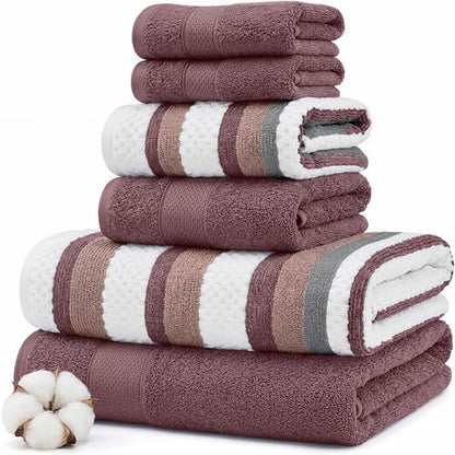 Modern Threads Pax 6-Piece Reversible Yarn Dyed Jacquard Towel Set - Bath Towels, Hand Towels, & Washcloths - Super Absorbent & Quick Dry - 100% Combed Cotton, Rosewood - color: Rose, style: Wide Stripe