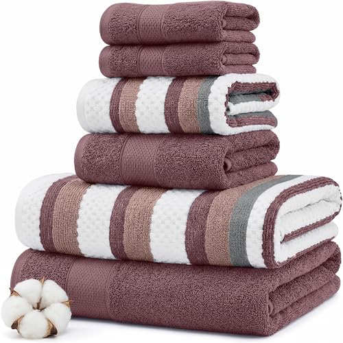 Modern Threads Pax 6-Piece Reversible Yarn Dyed Jacquard Towel Set - Bath Towels, Hand Towels, & Washcloths - Super Absorbent & Quick Dry - 100% Combed Cotton, Rosewood - color: Rose, style: Wide Stripe