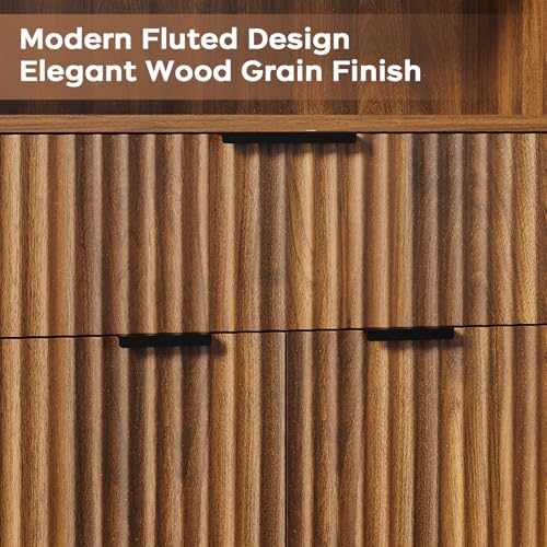 Fluted Buffet Cabinet with Storage, Modern Coffee Bar Cabinet | With Drawer & Adjustable Shelf, Wood Sideboard Cabinet for Kitchen, Bathroom, Entryway and Living Room Walnut - color: Walnut