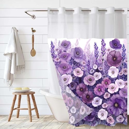 Purple Floral No Hook Shower Curtain with Snap in Liner- Elegant Flowers Oil Painting Shower Curtains for Bathroom- Fabric Inner Liner, Boho Bath Curtains- Machine Washable, 71 x 74 - color: Purple Floral
