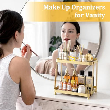 2-Tier Acrylic Bathroom Vanity Organizer, Gold | Bathroom Counter Storage Shelf with Marble-Look Tray, Holds Cosmetics, Perfume, Makeup & Skincare Products - color: Gold