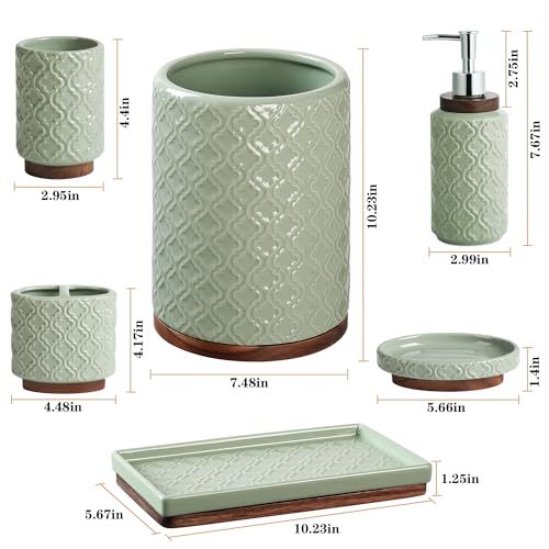 RQYIXI Elegant 6 PCS Ceramic&Wood Bathroom Accessories Set:Soap Dispenser,Toothbrush Holder,Tumbler,Soap Dish,Tray,Trash Can,Easy to Clean,Quatrefoil Pattern,Green-Affordable Home Luxury - color: Green Set-6pcs-new