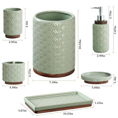 RQYIXI Elegant 6 PCS Ceramic&Wood Bathroom Accessories Set:Soap Dispenser,Toothbrush Holder,Tumbler,Soap Dish,Tray,Trash Can,Easy to Clean,Quatrefoil Pattern,Green-Affordable Home Luxury - color: Green Set-6pcs-new