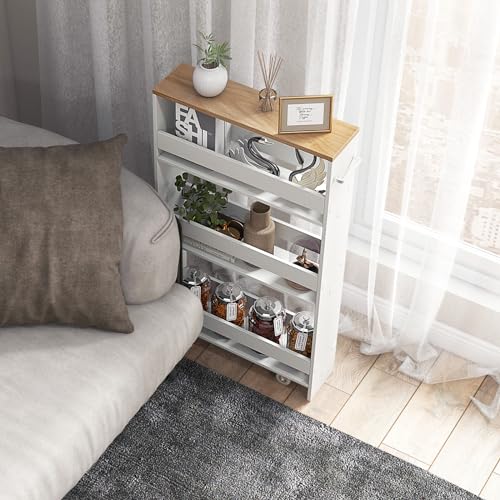 COSTWAY Slim 4-Tier Rolling Utility Cart, Wooden Shelving Unit with Handle & Wheels, Ideal for Small Spaces - color: White