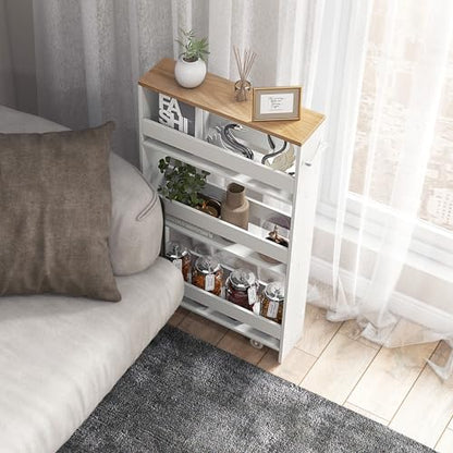 COSTWAY Slim 4-Tier Rolling Utility Cart, Wooden Shelving Unit with Handle & Wheels, Ideal for Small Spaces - color: White