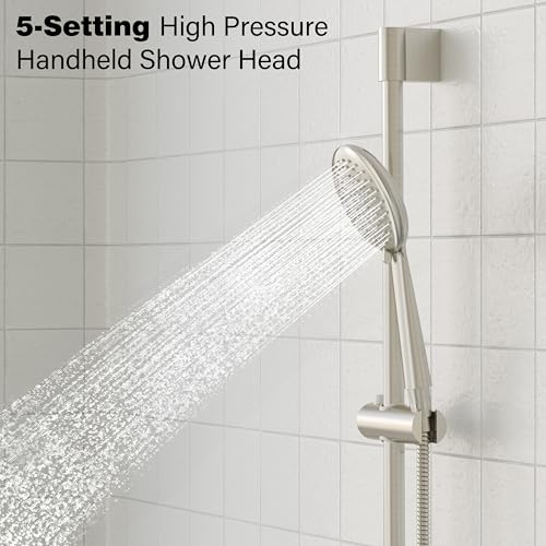 Gabrylly Shower System, Slide Bar Shower Faucet Set, 12", Brushed Nickel | Rainfall Shower Head with 5-Setting Handheld Spray, Wall Mounted Shower Set Included 2-Way Shower Valve and Trim Kit - color: Brushed Nickel, size: 12 Inch