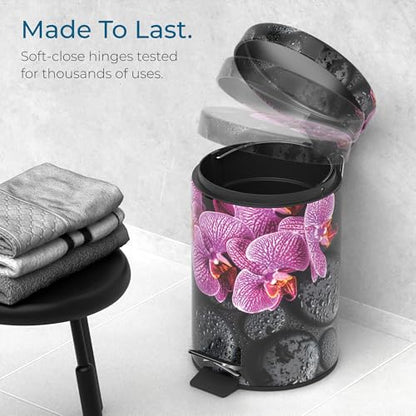 Sanilo Small Bathroom Trash Can with Lid [1.3 Gallon] - Lidded Tiny Trashcan for Garbage - Mini Metal Bin with Soft Closing Mechanism - Bath Room Accessoire Wastebin with Inner Bucket (Madeira) - color: Madeira