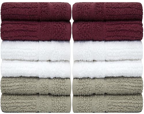 PH Pleasant Home Ribbed Wash Cloths Set - 12 Pack (12” x 12”) – 509 GSM - 100% Ring Spun Cotton Wash Cloth - Super Soft and Highly Absorbent Face Towels (Maroon, White & Tan) - color: Maroon, White & Tan, style: Ribbed