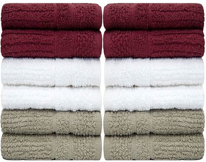 PH Pleasant Home Ribbed Wash Cloths Set - 12 Pack (12” x 12”) – 509 GSM - 100% Ring Spun Cotton Wash Cloth - Super Soft and Highly Absorbent Face Towels (Maroon, White & Tan) - color: Maroon, White & Tan, style: Ribbed
