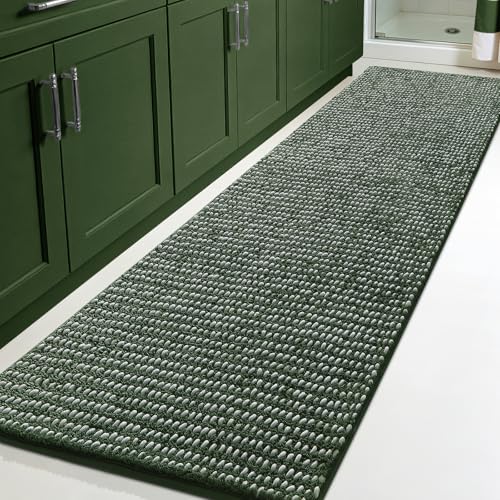 Luxury Chenille Bathroom Rugs Non Slip 60" x24", Extra Soft Absorbent Striped Bath Mats for Bathroom, Machine Washable Quick Dry Shower Floor Rug, Home Decor Accessories, Green & White - color: Green & White, size: 2' x 5' (Runner)