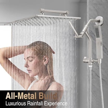 All Metal 12 Inch Rain Shower Head with Handheld Built-in Power Wash Mode, High Pressure Waterfall Rainfall Square Shower Heads with 16" Adjustable Extension Arm, Dual Showerhead(Brushed Nickel) - color: Brushed Nickel, size: 12 Inch