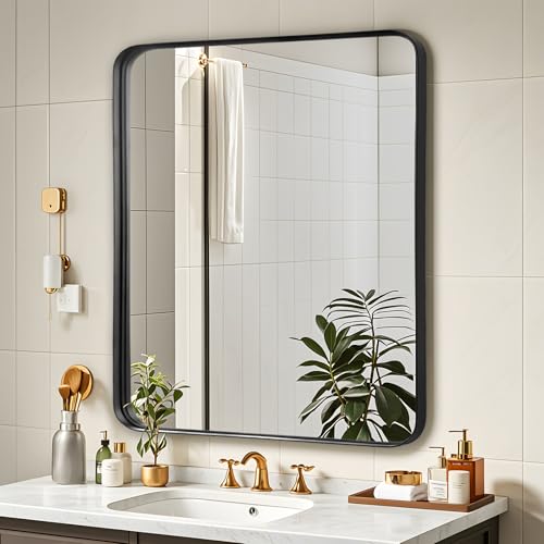 Fabuday Black Bathroom Vanity Mirror - 28x32 Inch Wall Mounted Mirror for Over Sink, Matte Metal Framed Mirrors, Rounded Rectangle Design, Horizontal or Vertical Hanging - color: Black, size: 28"L x 32"W