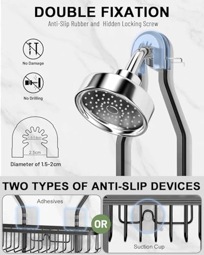 Shower Caddy Hanging - Never Rust Shower Hanging Organizer - Aluminum Over the ShowerHead Caddy with Soap Basket and 6 Hooks for Razor/Sponge (Black) - color: Black