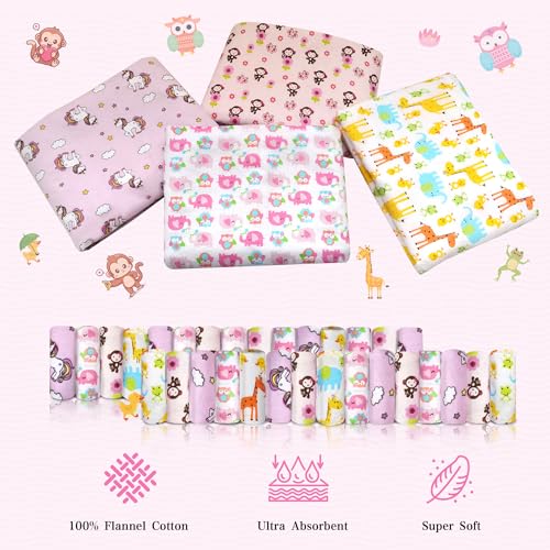 34 Pack Baby Receiving Blanket Set: 4 Flannel Cotton Blankets (30" x 30") & 30 Infant Washcloths - Mixed Patterns - color: Pink Mixed Pattern