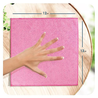 Hearth & Harbor Microfiber Cleaning Cloths, 12 Pack Pink Reusable Towels, Lint Free - color: Pink, size: 12"x12", style: 12 Pack