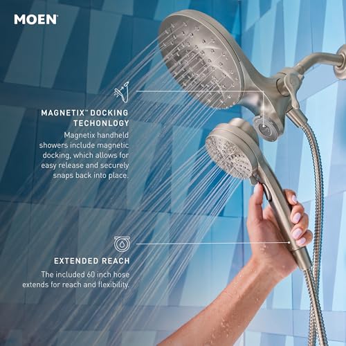 Moen Engage Magnetix 6-Function Handheld Showerhead and Rain Shower Head Combo, Tub and Shower Trim Kit with Valve, Handle, Tub Spout, Metal Hose, Chrome, 82304 - color: Chrome