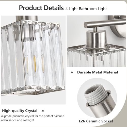 4 Light Bathroom Light Fixtures, Modern Crystal Vanity Lights over Mirror | Metal Frame, Bathroom Light with Square Crystal Shade, ETL Certified, E26 Ceramic Socket, Bulbs Not Included - color: Brushed Nickel, size: 4-Light
