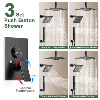 Matte Black Shower Faucet Set, Home Shower System with 3-Setting Push Button Diverter, 12" Ceiling Rain Shower Head & 6" Wall Mount Shower Head, 2-in-1 Handheld, Shower Valve Trim Kit - color: Matte Black