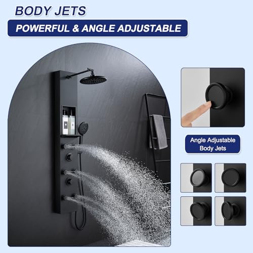 ROVATE Shower Panel Tower System with Shelf & 6 Body Jets, Matte Black | Stainless Steel Shower Column with Height Adjustable Shower Arm, Self-Cleaning Rainfall Shower & Handheld, Mixing Valve Body - color: Matte Black