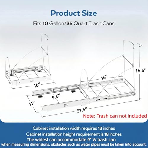 Pull Out Trash Can Under Cabinet & Under Sink, Heavy Duty Slider Organizer | Adjustable Cabinet Garbage Can Rack, Fits 30-40Qt Bins, Requires 13"W x 18"D Cabinet Opening, Chrome Finish, Can Not Included