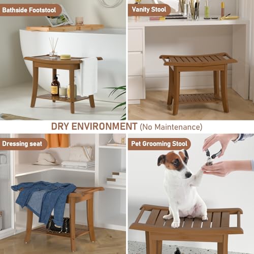Bamboo Shower Stool Bench Waterproof with Storage Shelf for Shaving Legs or Spa Bath Seat in Bathroom & Inside Shower for Adults Seniors Elderly (24 x 13.4 x 18.5 inches+Walnut) - size: 24 x 13.4 x 18.5 inches+Walnut