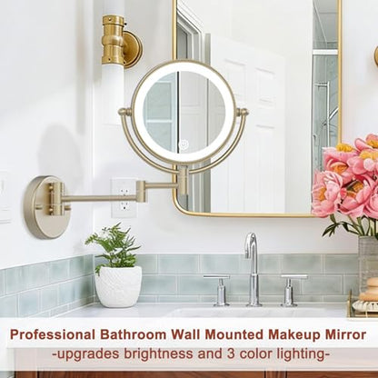 10X Magnifying Make up Mirror Wall Mounted with Light, Satin Brushed Gold | Double-sided Bathroom Close Makeup Vanity, 360 Rotation Swing Arm, Brass, 3 Color Lighting, Touch Dimmable, Rechargeable - color: Satin Brushed Gold