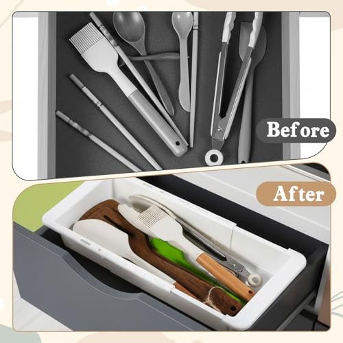 2Pcs Expandable Sliding Drawer Tray with Adjustable Dividers | Plastic Deep Desk Drawer Dividers Organizers Expandable 11.4 to 18.1 Inches For Utensils Office Bathroom Bedroom Kitchen
