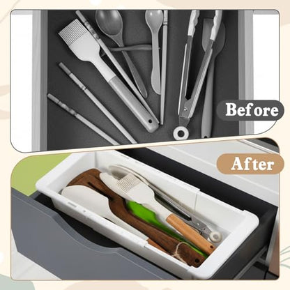2Pcs Expandable Sliding Drawer Tray with Adjustable Dividers | Plastic Deep Desk Drawer Dividers Organizers Expandable 11.4 to 18.1 Inches For Utensils Office Bathroom Bedroom Kitchen