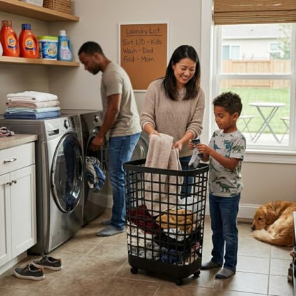 95L Large Plastic Laundry Hamper, Black, Slim Rectangular, Ventilated, Reinforced Handles,Tall Clothes Basket for Bathroom, Dorm, and Closet - size: 95L