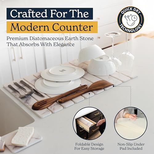 Oleex 3-Pack Stone Dish Drying Mat Set Includes 1 Large 24”x16” & 2 Small 4”x9” for Kitchen Counter-Collapsible Diatomaceous Earth Pad Absorbs Water & Dries Dishes Fast, Non-slip, Odor-Resistant Mats - color: White Marble
