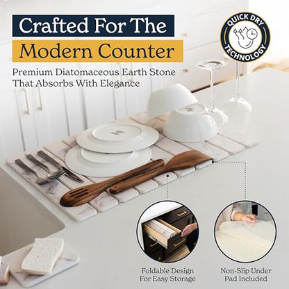 Oleex 3-Pack Stone Dish Drying Mat Set Includes 1 Large 24”x16” & 2 Small 4”x9” for Kitchen Counter-Collapsible Diatomaceous Earth Pad Absorbs Water & Dries Dishes Fast, Non-slip, Odor-Resistant Mats - color: White Marble