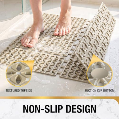 HITSLAM Shower Mat Anti Slip, 24x24 Inch Cut to Fit No Odor Soft TPE Shower Stall Mat, Square Bath Mat with Suction Cups and Drain Holes, Soft on Feet, Khaki - color: Khaki