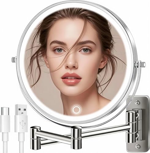 9" Large Wall Mounted Lighted Makeup Mirror, 5000mAh Rechargeable 1X/20X Magnifying Mirror with 3 Color Lights Touch Dimmable, Extended Arm 360° Swivel Bathroom Wall Mounted Makeup Mirror,Pearl Nickel - color: Pearl Nickel