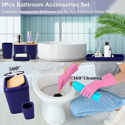 Bathroom Accessories Set, 9 Piece Navy Blue Bathroom Accessory Set with Trash Can,Toothbrush Holder,Toothbrush Cup,Lotion Soap Dispenser,Vanity Tray,Soap Dish,Toilet Brush,Qtip Holder - size: Bath Set, style: Navy Blue