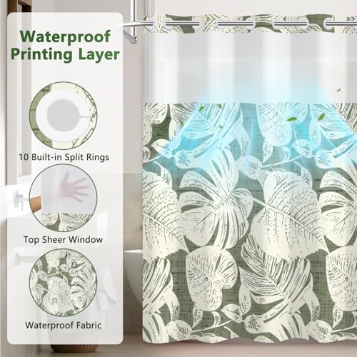 Tropical Leaves Shower Curtain with Snap in Liner, Monstera Leaf No Hook Shower Curtain with Mesh Top Window and Weighted Hem, Waterproof Fabric Hotel Summer Bathroom Shower Curtain Sets, 71x74 Inches - color: Monstera