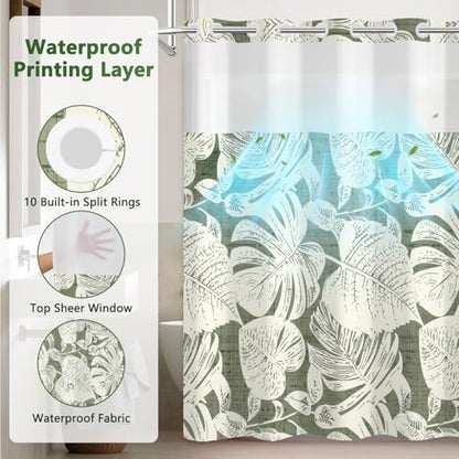 Tropical Leaves Shower Curtain with Snap in Liner, Monstera Leaf No Hook Shower Curtain with Mesh Top Window and Weighted Hem, Waterproof Fabric Hotel Summer Bathroom Shower Curtain Sets, 71x74 Inches - color: Monstera