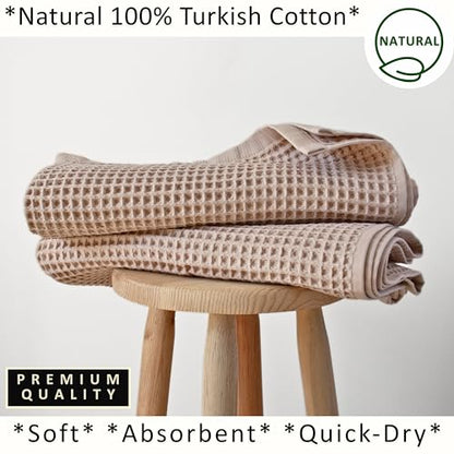 PÜSKÜL 2-Piece Natural 100% Turkish Cotton Waffle Bath Towels Extra-Large | Beige, 32x63" Bath Sheet Towel, Light Soft Absorbent Quick-Dry Lint-Free Premium Honeycomb Weave Oeko-Tex Made in Turkiye - color: Beige, size: Bath Towels - Pack of 2