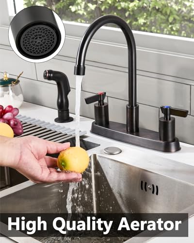 Kitchen Faucet with Side Sprayer, 8 Inch Centerset 4-Hole Bronze | Lead-Free 4-Hole High Arc Kitchen Sink Faucet, 1.8 GPM, 360° Spout - color: Bronze
