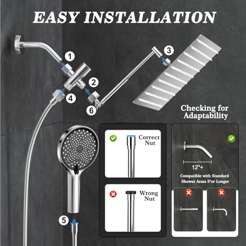 12 Inch Shower Head, Rain Shower Head with Adustable Extension Arm, Detachable Silver Rina Shower Head with Handheld Spray, High Pressure Shower Hose with Holder in Bathroom(Silver) - color: Silver, size: 12 Inch - Standard
