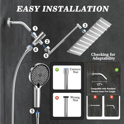 12 Inch Shower Head, Rain Shower Head with Adustable Extension Arm, Detachable Silver Rina Shower Head with Handheld Spray, High Pressure Shower Hose with Holder in Bathroom(Silver) - color: Silver, size: 12 Inch - Standard