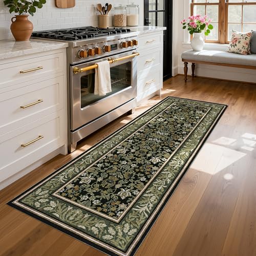 GarveeHome Runner Rugs 2x6 Kitchen Runner Rug Non Slip Washable Runners for Hallways, Boho Vintage Rugs with Rubber Backing Low-Pile Indoor Long Carpet for Entryway Bedroom Green Black - color: Green Black, size: 2' x 6' (Rectangular)