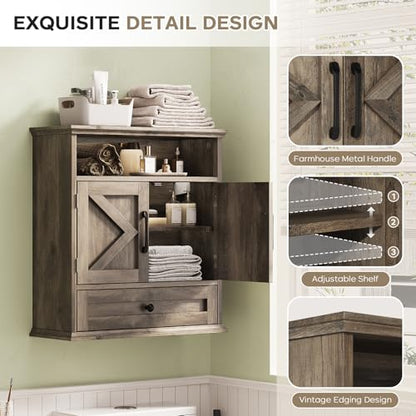 Bathroom Wall Cabinet, Wall Mounted Medicine Cabinet 24.4"H x 23.6"W x 9"D | With Drawer, Barn Doors & Adjustable Shelf, Grey Over Toilet Farmhouse Storage Cabinet for Kitchen, Laundry Room, Entryway - color: Grey