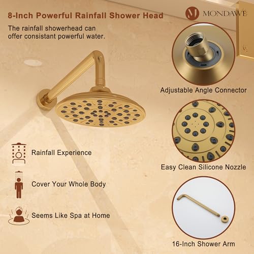MONDAWE 8 Inch Wall Mounted Shower Faucet Set in Brushed Gold, Rainfall Shower Head with 3-Setting Handheld Spray Shower Set Combo, High Pressure Shower System with Solid Brass Valve - color: Brushed Gold, style: 8 IN - Without Tub Spout