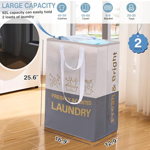 2 Pack Laundry Baskets, 92L Freestanding Laundry Basket with Handles, Waterproof Tall Collapsible Clothes Hamper for Dorm, Bedroom, Bathroom